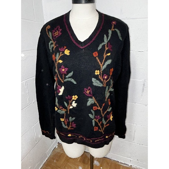 Vintage Bobbie Brooks Floral Embroidered Sweater Felted Black Lg Cottagecore E2‎ - Picture 2 of 14